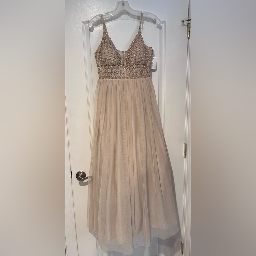 Formal Champagne Dress with Pearls and Beading